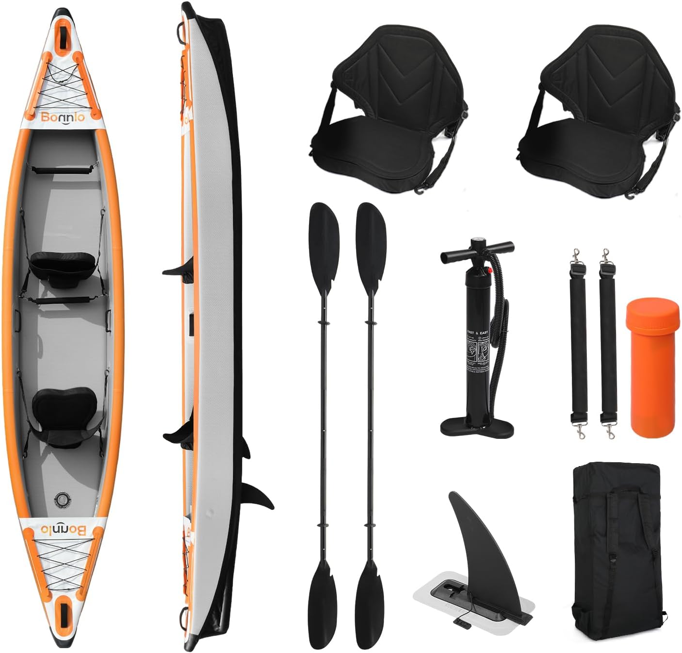 Bonnlo Inflatable Kayak Foldable Kayak for Adults Blow Up Kayaks with Kaykay Seats, Foot Pedal, 7.6 FT Aluminum Oars, Output and Input Air Pump for 1 Person, 2 Person, 2 Plus 1 Child, Easily Track