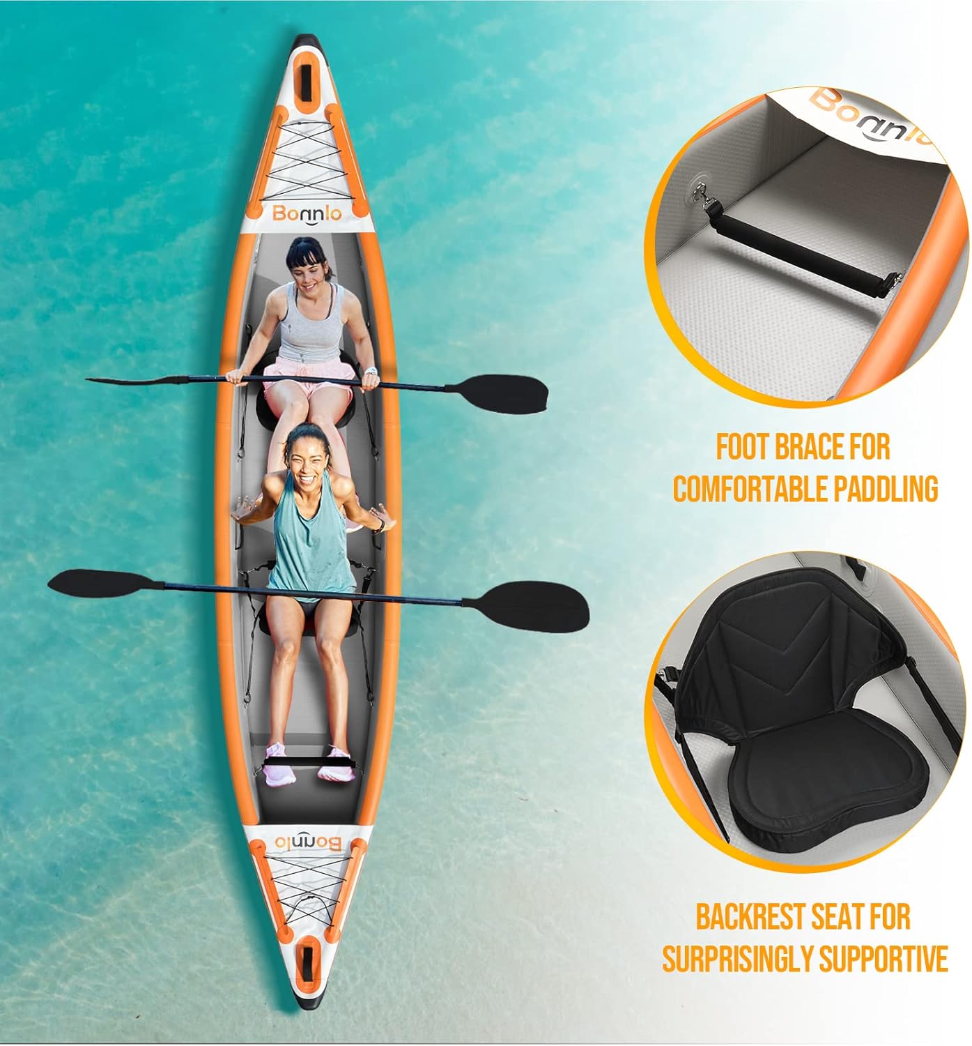 Bonnlo Inflatable Kayak Foldable Kayak for Adults Blow Up Kayaks with Kaykay Seats, Foot Pedal, 7.6 FT Aluminum Oars, Output and Input Air Pump for 1 Person, 2 Person, 2 Plus 1 Child, Easily Track