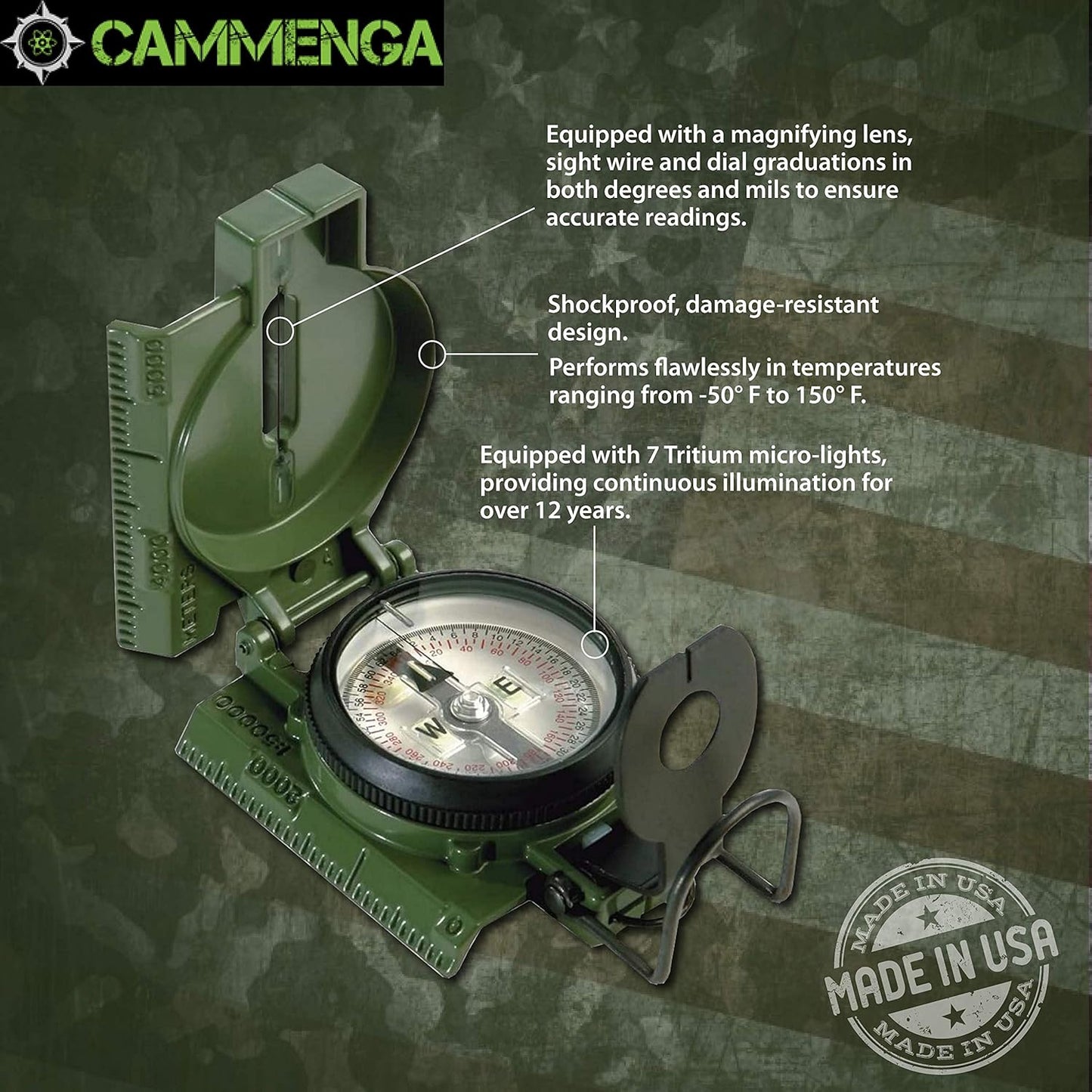 Cammenga Olive Drab Genuine Military Lensatic Phosphorescent Compass