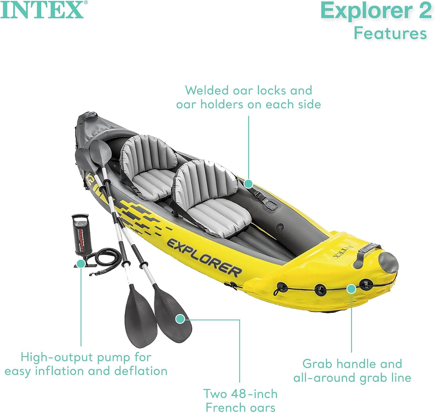 Intex 68307EP Explorer K2 Inflatable Kayak Set: Includes Deluxe 86in Aluminum Oars and High-Output Pump -400lb Weight Capacity