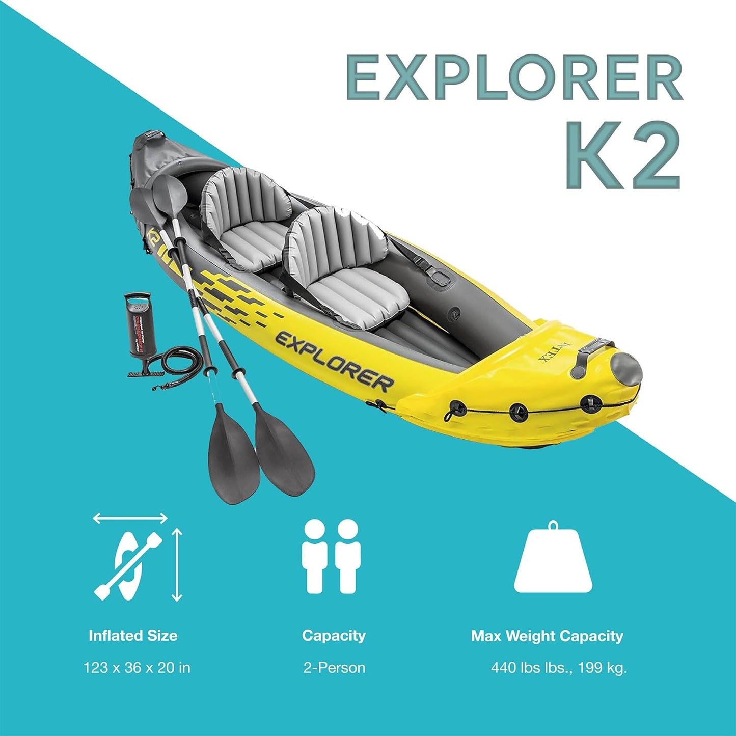 Intex 68307EP Explorer K2 Inflatable Kayak Set: Includes Deluxe 86in Aluminum Oars and High-Output Pump -400lb Weight Capacity