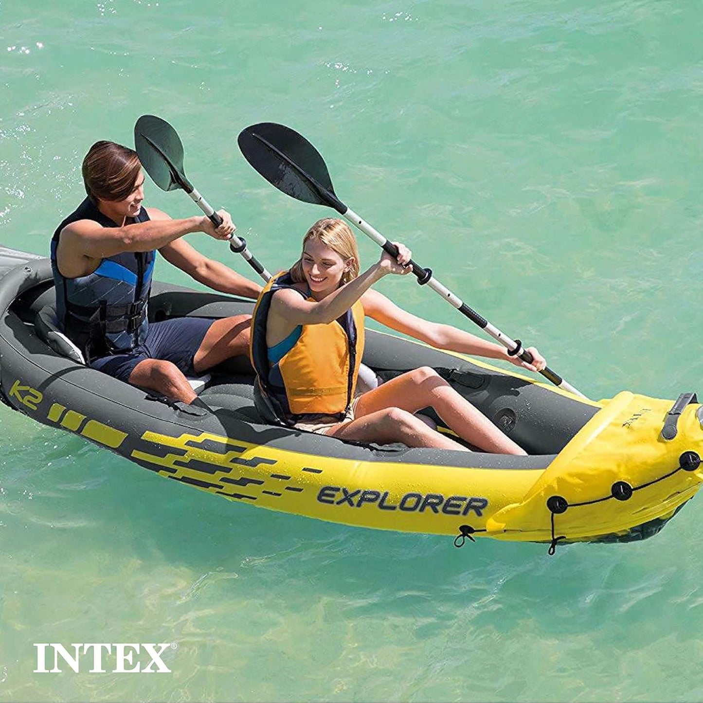 Intex 68307EP Explorer K2 Inflatable Kayak Set: Includes Deluxe 86in Aluminum Oars and High-Output Pump -400lb Weight Capacity